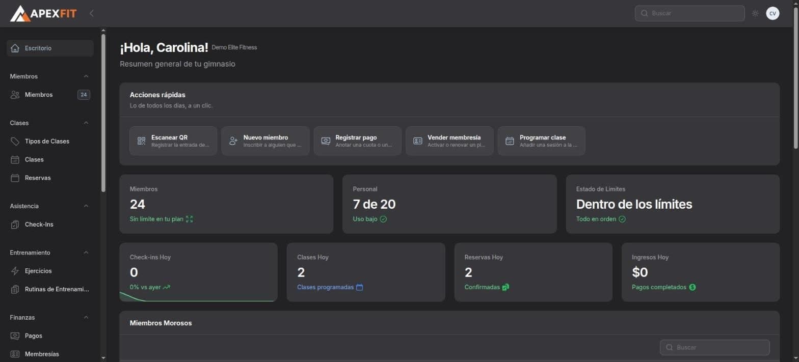 Escritorio de ApexFit en la demo pública: acciones rápidas, 24 miembros, personal 7 de 20, check-ins, clases y reservas del día.